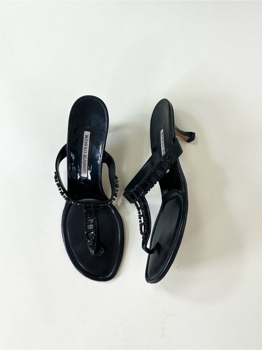 Vintage Manolo Blahnik Black Beaded Thong Kitten Heel Sandals